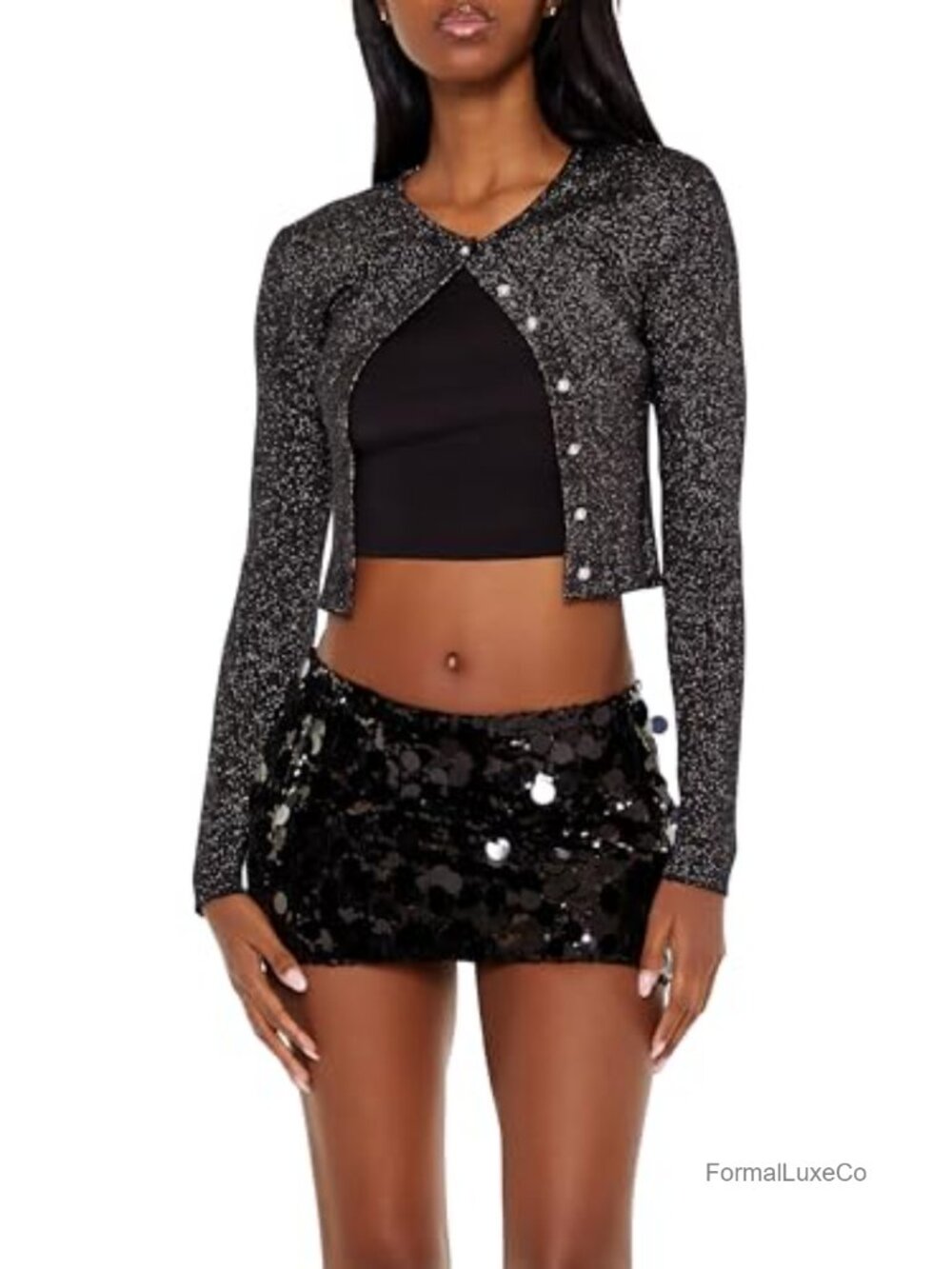 Faux Pearl Glitter Cardigan Sweater Cropped Button Front Long Sleeve